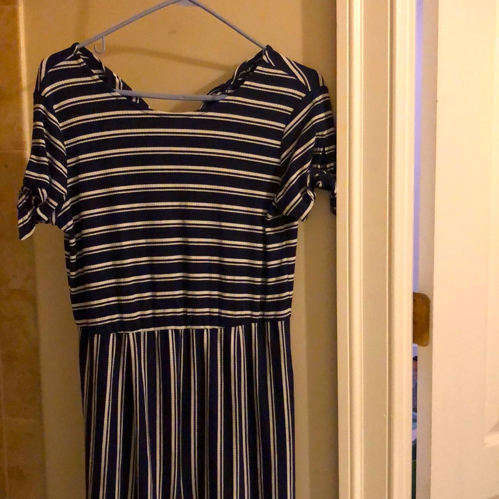Tall navy jumpsuit with white stripes